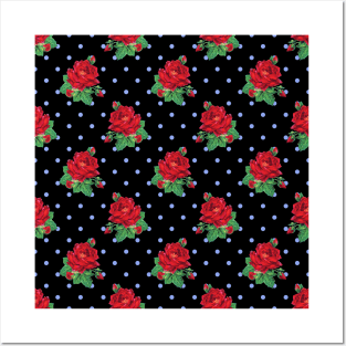 Red vintage roses and blue polka dots on black Posters and Art